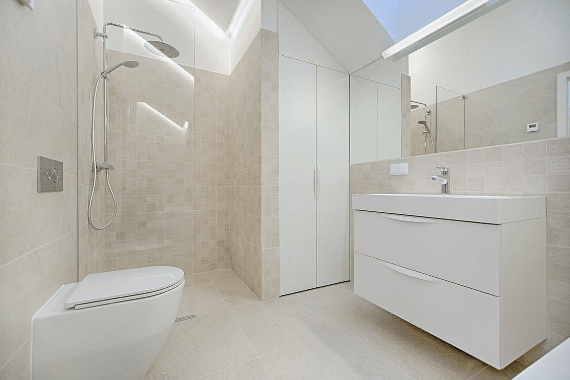 Frameless shower doors in a bathroom